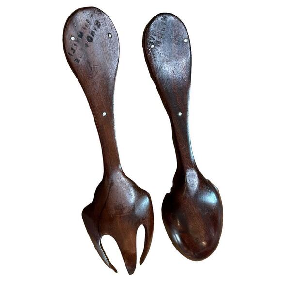 Hand Forged Everlast Metal & Wood Salad Fork & Spoon Serving Haiti Handmade MCM - Picture 3 of 5